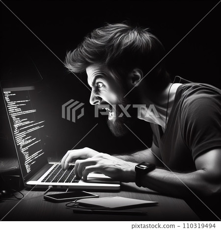 Emotional programmer expressively works at a laptop Emotional programmer expressively works at a laptop 110319494
