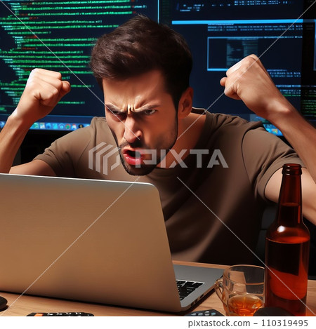 Emotional programmer expressively works at a laptop Emotional programmer expressively works at a laptop 110319495
