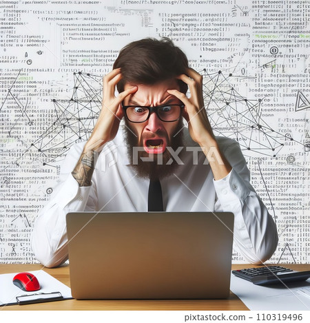 Emotional programmer expressively works at a laptop 110319496