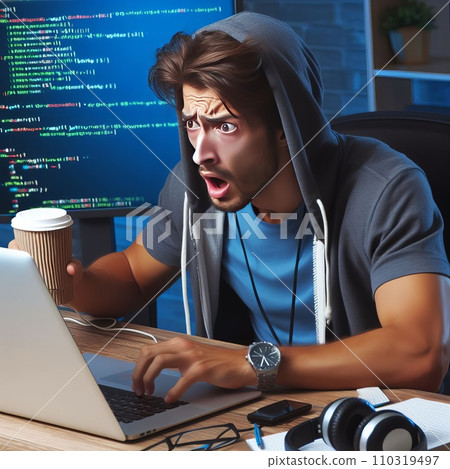 Emotional programmer expressively works at a laptop Emotional programmer expressively works at a laptop 110319497