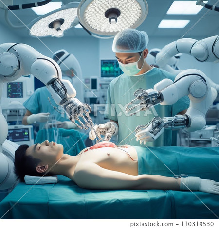 Robot performs surgery on a person on the operating table Robot performs surgery on a person on the operating table 110319530
