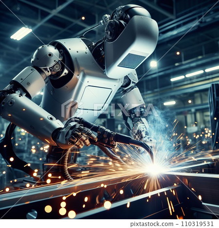 Robot welder welds a part at a factory Robot welder welds a part at a factory 110319531