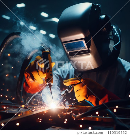 Robot welder welds a part at a factory Robot welder welds a part at a factory 110319532