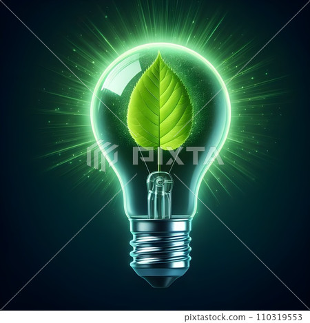 Light bulb with glowing green leaf. Clean green energy concept Light bulb with glowing green leaf. Clean green energy concept 110319553