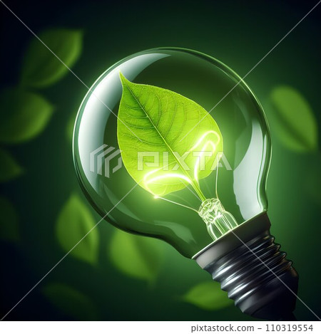 Light bulb with glowing green leaf. Clean green energy concept Light bulb with glowing green leaf. Clean green energy concept 110319554