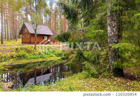 A wooden house in the forest in a sunny day A wooden house in the forest in a sunny day 110320954