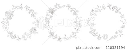 Hand-drawn circular frame set of flowers and leaves, line drawing, plant wreath frame Hand-drawn circular frame set of flowers and leaves, line drawing, plant wreath frame 110321194