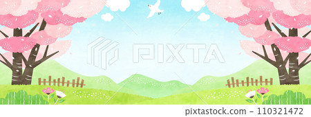 Landscape of cherry blossom trees and mountains in spring Watercolor background illustration full of nature Landscape of cherry blossom trees and mountains in spring Watercolor background illustration full of nature 110321472
