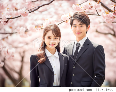 Cherry blossoms in full bloom and smiling men and women in recruitment suits Cherry blossoms in full bloom and smiling men and women in recruitment suits 110321699