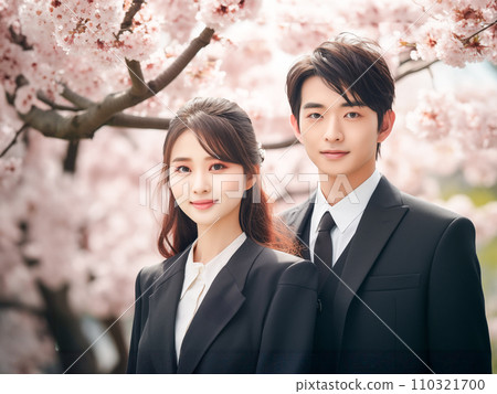 Cherry blossoms in full bloom and smiling men and women in recruitment suits 110321700