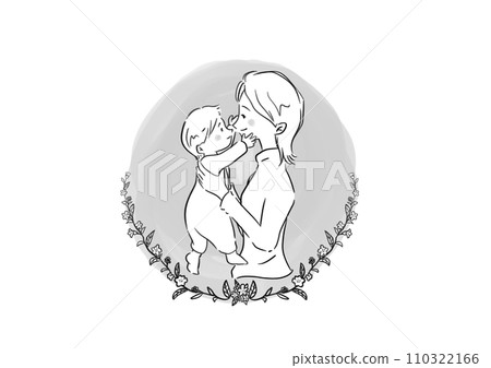 Black and white illustration of a woman holding a baby and flowers 110322166