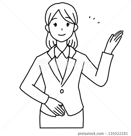 Line drawing illustration of a woman in a suit guiding Line drawing illustration of a woman in a suit guiding 110322281