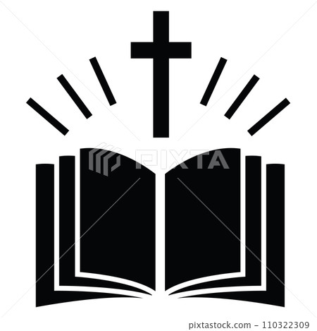 Emblem with Holy Bible and cross icon. religious community sign. Open Bible the holy book of Christians symbol. flat style. 110322309