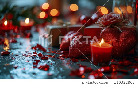 Love shape and presents on Valentine's day with beautiful Valentine's decoration background. Love shape and presents on Valentine's day with beautiful Valentine's decoration background. 110322863