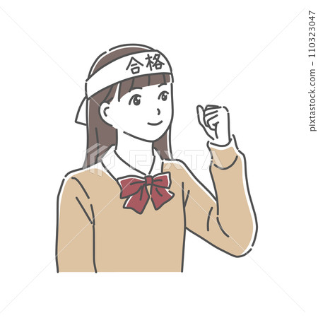 Illustration material of a high school girl wearing a headband and doing a fist pump 110323047