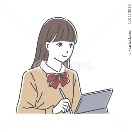 用平板電腦學習的女學生插畫素材 110323050