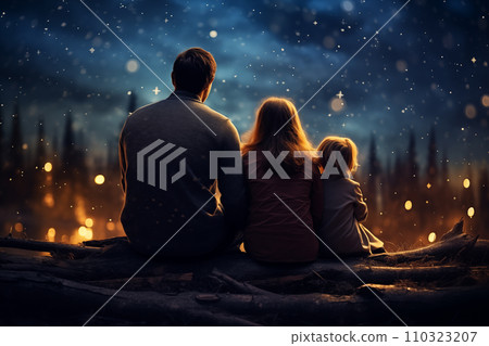 父母和孩子仰望星空的後視圖“AI生成圖像” 110323207