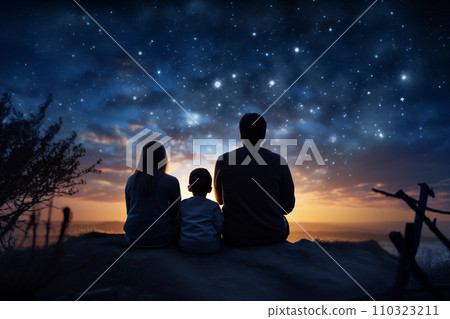 父母和孩子仰望星空的後視圖“AI生成圖像” 110323211
