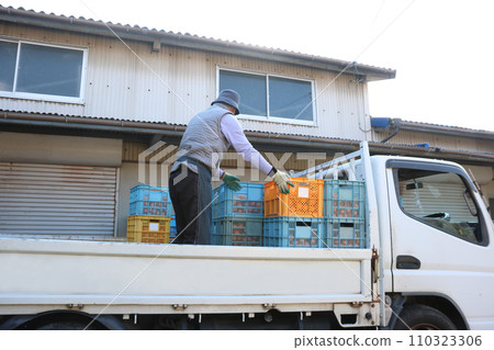 一名男子正在卡車上堆放貨櫃 一名男子正在卡車上堆放貨櫃 110323306