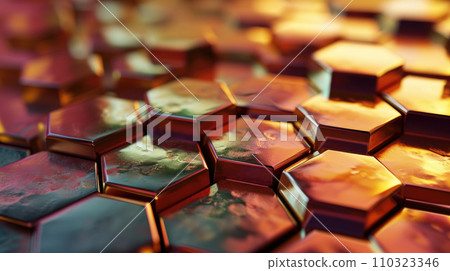 Metallic golden hexagonal block abstract background for digital and technology themes Metallic golden hexagonal block abstract background for digital and technology themes 110323346