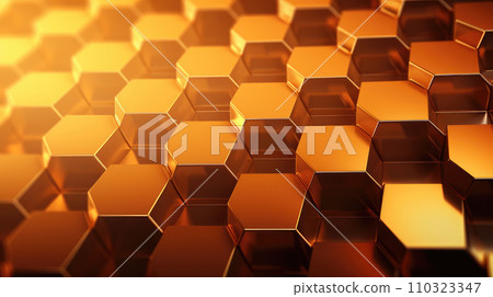 Metallic golden hexagonal block abstract background for digital and technology themes Metallic golden hexagonal block abstract background for digital and technology themes 110323347