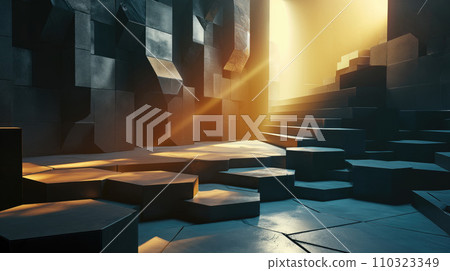 A bstract gray hexagonal block with golden light background for digital and technology themes 110323349