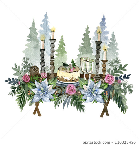 Watercolor christmas compositions with christmas dinner table with champagne isolated on white background. Xmas new year cosy winter holiday illustration for greeting design. Watercolor christmas compositions with christmas dinner table with champagne isolated on white background. Xmas new year cosy winter holiday illustration for greeting design. 110323456