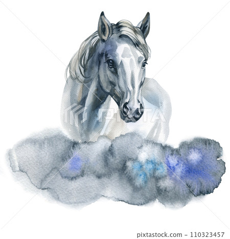 Watercolor picture of horse with clouds. Hand drawn illustration isolated on white background Watercolor picture of horse with clouds. Hand drawn illustration isolated on white background 110323457