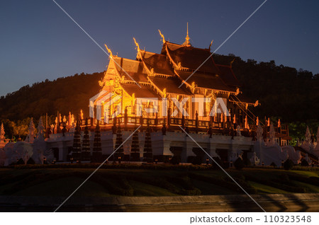 Night view of Ho Kham Royal Pavilion an iconic symbol of Royal Park Rajapruek in Chiang Mai province of Thailand. Night view of Ho Kham Royal Pavilion an iconic symbol of Royal Park Rajapruek in Chiang Mai province of Thailand. 110323548