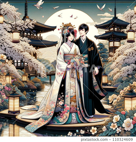 Japanese style wedding - woman in kimono and cherry blossoms Japanese style wedding - woman in kimono and cherry blossoms 110324609