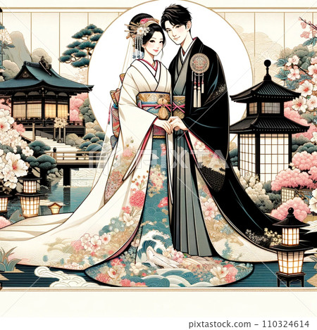 日式婚禮 — 穿著和服的女人和櫻花 日式婚禮 — 穿著和服的女人和櫻花 110324614