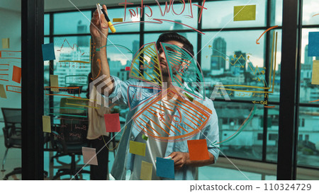 Businessman uses sticky notes at glass wall to brainstorming idea. Tracery 110324729