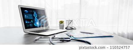 Genetic disease in DNA research on laptop screen in doctor office. Neoteric 110324757