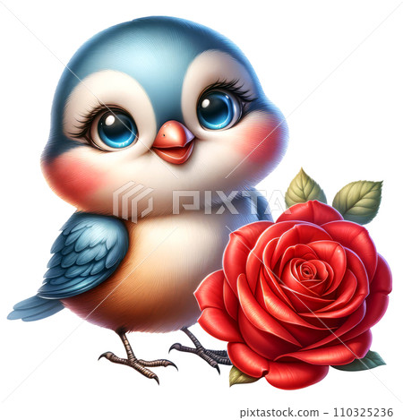 Cute bird with Rose Flower Watercolor Clipart isolated on Transparent Background, Valentines Animal with Flowers Clipart. 110325236