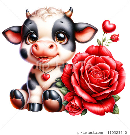 Cute Cow with Rose Flower Watercolor Clipart isolated on Transparent Background, Valentines Animal with Flowers Clipart. Cute Cow with Rose Flower Watercolor Clipart isolated on Transparent Background, Valentines Animal with Flowers Clipart. 110325340