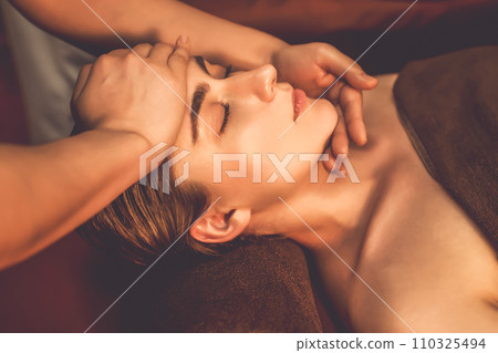 Caucasian woman enjoying relaxing anti-stress head massage. Quiescent 110325494