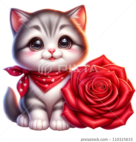 Cute Kitten with Rose Flower Watercolor Clipart isolated on Transparent Background, Valentines Animal with Flowers Clipart. 110325633