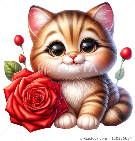 Cute Kitten with Rose Flower Watercolor Clipart isolated on Transparent Background, Valentines Animal with Flowers Clipart. 110325634