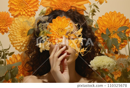 AI-generated content. Abstract art portrait of young woman with flowers comeliness 110325678