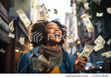 AI-generated content. Happy person getting bonus money and banknotes flying in the air comeliness 110325680