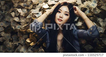 AI-generated content. Billionaire on Big Pile of Banknotes Rich Comeliness 110325717