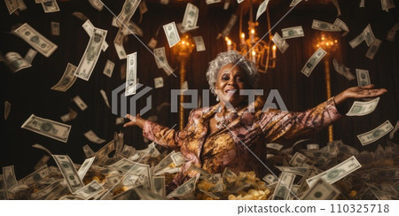 AI-generated content. Billionaire on Big Pile of Banknotes Rich Comeliness 110325718