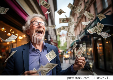 AI-generated content. Happy person getting bonus money and banknotes flying in the air comeliness 110325719