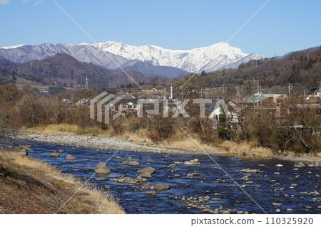Scenery of the Tone River and Mt. Tanigawa as seen from Tsukiyono Bridge near Gokan Station on the Joetsu Line in Minakami Town, Tone District, Gunma Prefecture Scenery of the Tone River and Mt. Tanigawa as seen from Tsukiyono Bridge near Gokan Station on the Joetsu Line in Minakami Town, Tone District, Gunma Prefecture 110325920