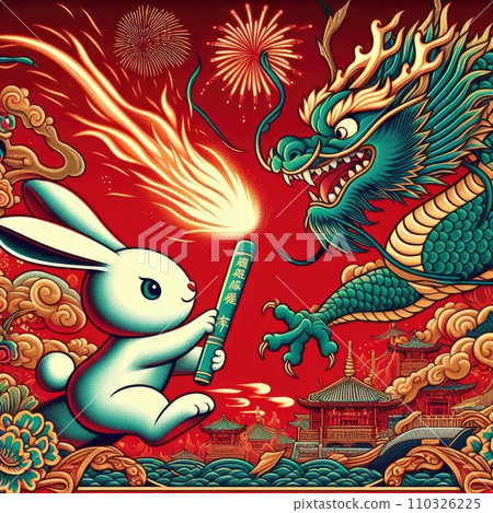 Rabbit passes the relay baton to dragon in red background  110326225