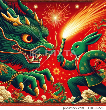 Rabbit passes the relay baton to dragon in red background Rabbit passes the relay baton to dragon in red background 110326226