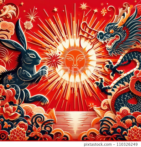 Rabbit passes the relay baton to dragon in red background Rabbit passes the relay baton to dragon in red background 110326249