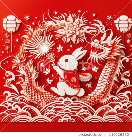 Rabbit passes the relay baton to dragon in red background  110326250