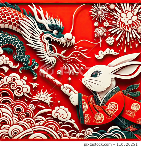 Rabbit passes the relay baton to dragon in red background  110326251