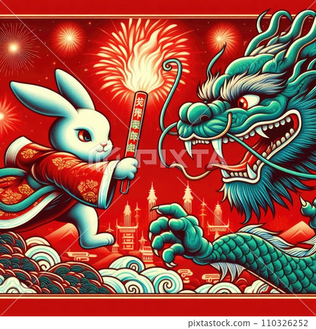 Rabbit passes the relay baton to dragon in red background  110326252